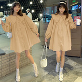 Pavasarį nėščioms moterims Laisvi marškiniai ilgomis rankovėmis Peter Pan apykaklė Motinystės medvilninės palaidinės Madingos nėštumo palaidinės korėjietiško stiliaus