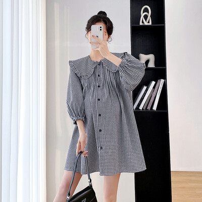 Pavasarį nėščioms moterims Laisvi marškiniai ilgomis rankovėmis Peter Pan apykaklė Motinystės medvilninės palaidinės Madingos nėštumo palaidinės korėjietiško stiliaus