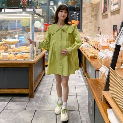 Pavasarį nėščioms moterims Laisvi marškiniai ilgomis rankovėmis Peter Pan apykaklė Motinystės medvilninės palaidinės Madingos nėštumo palaidinės korėjietiško stiliaus