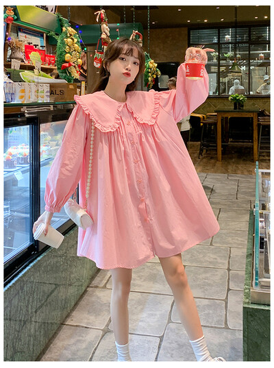 Pavasarį nėščioms moterims Laisvi marškiniai ilgomis rankovėmis Peter Pan apykaklė Motinystės medvilninės palaidinės Madingos nėštumo palaidinės korėjietiško stiliaus