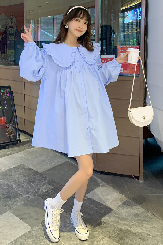 Pavasarį nėščioms moterims Laisvi marškiniai ilgomis rankovėmis Peter Pan apykaklė Motinystės medvilninės palaidinės Madingos nėštumo palaidinės korėjietiško stiliaus