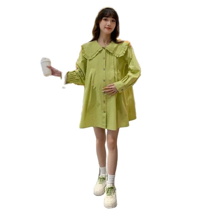 Pavasarį nėščioms moterims Laisvi marškiniai ilgomis rankovėmis Peter Pan apykaklė Motinystės medvilninės palaidinės Madingos nėštumo palaidinės korėjietiško stiliaus