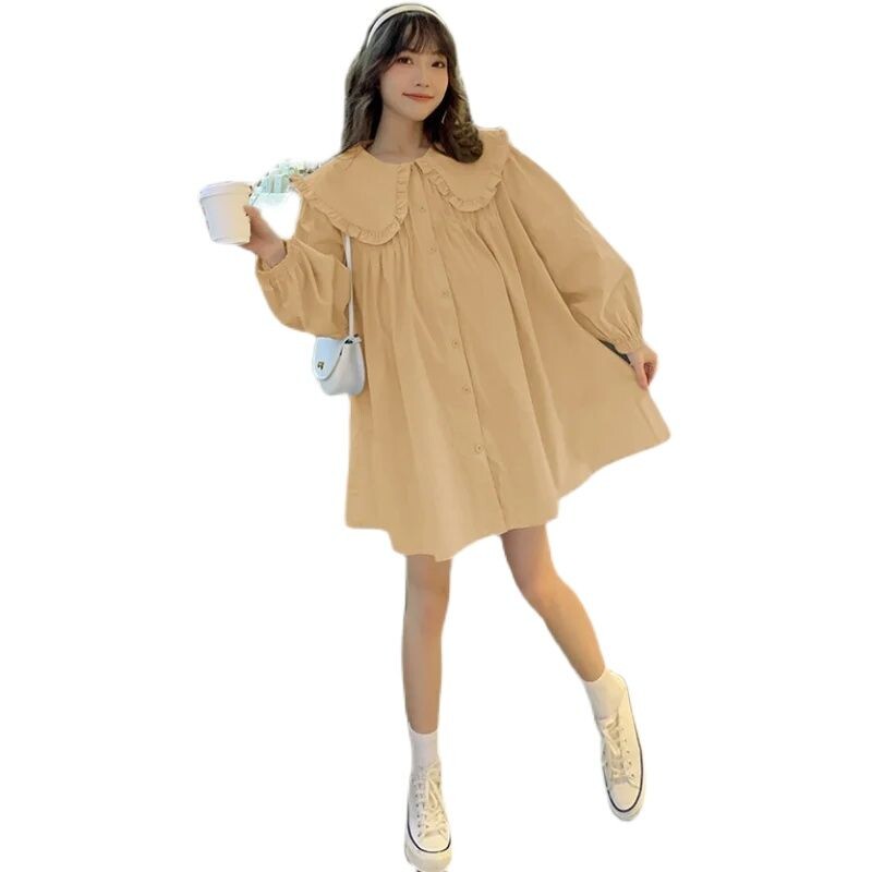 Pavasarį nėščioms moterims Laisvi marškiniai ilgomis rankovėmis Peter Pan apykaklė Motinystės medvilninės palaidinės Madingos nėštumo palaidinės korėjietiško stiliaus