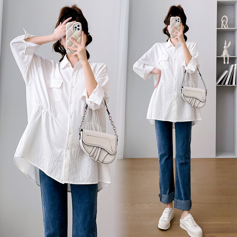 Didelio dydžio biuro moteriški balti marškiniai ilgomis rankovėmis, apverčiamomis apykaklėmis nėščioms moterims Profesionalūs drabužiai Motinystės iškilmingos palaidinės