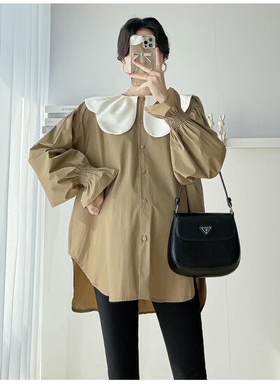 „Peter Pan“ apykaklės marškinėliai nėščiosioms rudeniui ilgomis besiplečiančiomis rankovėmis nėščioms moterims Palaidinės Aukštos Žemos Netaisyklingo nėštumo viršutiniai marškinėliai