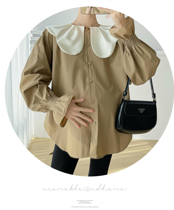 „Peter Pan“ apykaklės marškinėliai nėščiosioms rudeniui ilgomis besiplečiančiomis rankovėmis nėščioms moterims Palaidinės Aukštos Žemos Netaisyklingo nėštumo viršutiniai marškinėliai