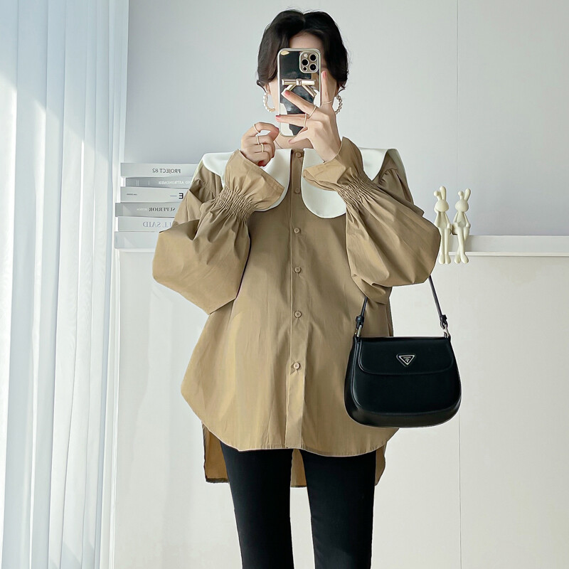 „Peter Pan“ apykaklės marškinėliai nėščiosioms rudeniui ilgomis besiplečiančiomis rankovėmis nėščioms moterims Palaidinės Aukštos Žemos Netaisyklingo nėštumo viršutiniai marškinėliai