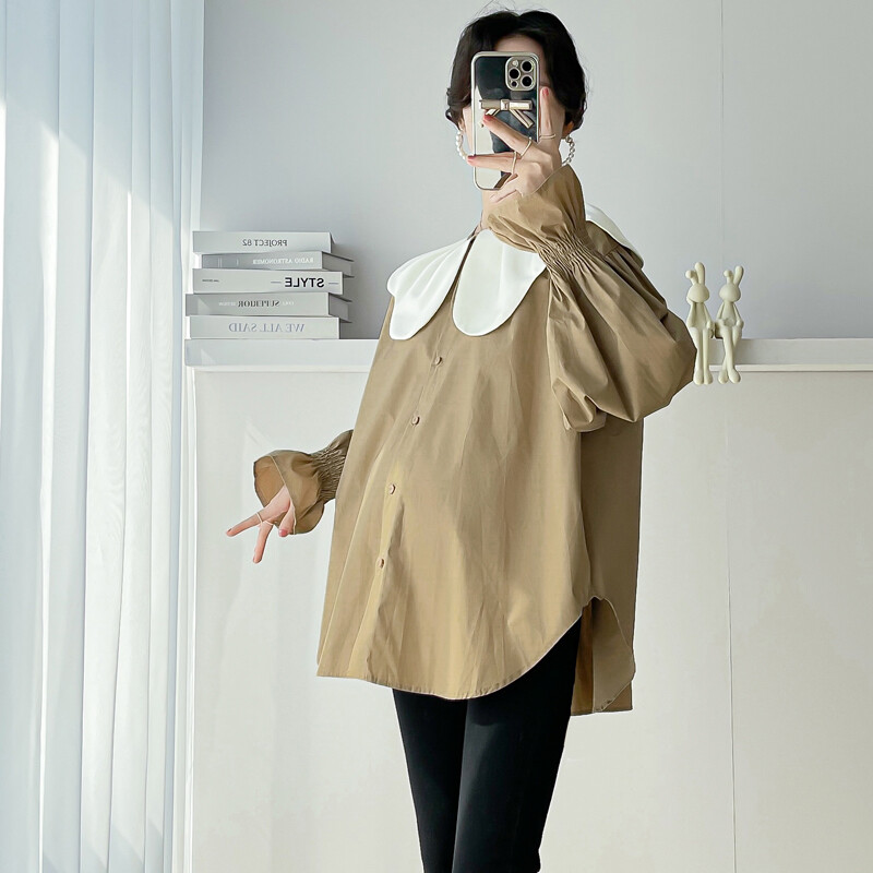 „Peter Pan“ apykaklės marškinėliai nėščiosioms rudeniui ilgomis besiplečiančiomis rankovėmis nėščioms moterims Palaidinės Aukštos Žemos Netaisyklingo nėštumo viršutiniai marškinėliai