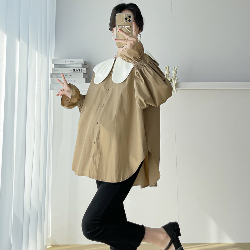 „Peter Pan“ apykaklės marškinėliai nėščiosioms rudeniui ilgomis besiplečiančiomis rankovėmis nėščioms moterims Palaidinės Aukštos Žemos Netaisyklingo nėštumo viršutiniai marškinėliai