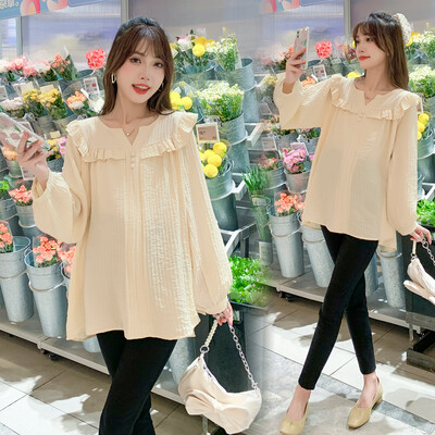 Marškinėliai su raukiniais V formos kakleliu ilgomis rankovėmis, 2023 m. rudeniniai nėščiosios palaidinės, plius dydžio, klostuoti marškinėliai, saldūs