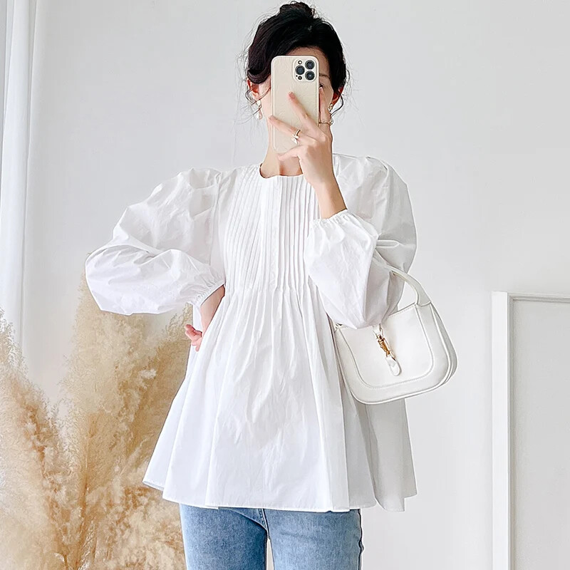 Balti marškiniai nėščiosioms rudeniui ilgomis rankovėmis O formos kakleliu rankovėmis su žibintuvėliu Motinystės klostuotos palaidinės Nėštumo medvilniniai drabužiai 2023 m.