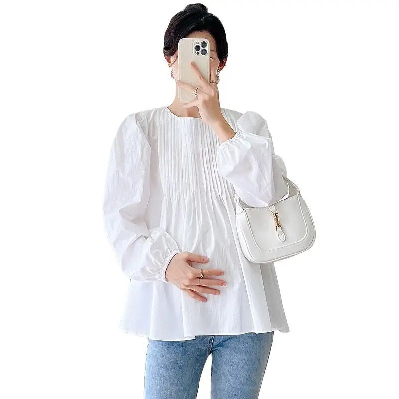 Balti marškiniai nėščiosioms rudeniui ilgomis rankovėmis O formos kakleliu rankovėmis su žibintuvėliu Motinystės klostuotos palaidinės Nėštumo medvilniniai drabužiai 2023 m.