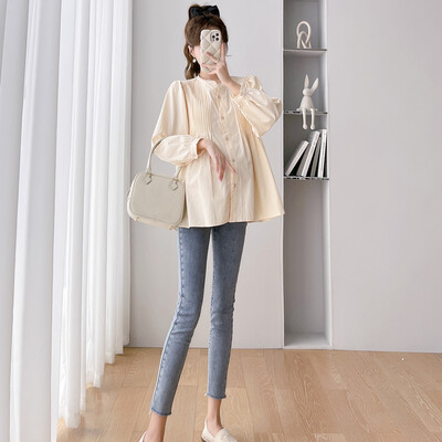 2024 m. pavasario mados marškiniai nėščiosioms ilgomis rankovėmis, mygtukai, skraidyklė, nėščia moteris, klostuotos palaidinės Madingi nėštumo drabužiai žindymo laikotarpiu