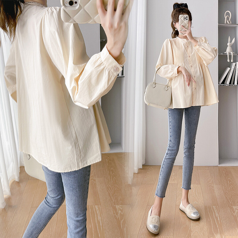 2024 m. pavasario mados marškiniai nėščiosioms ilgomis rankovėmis, mygtukai, skraidyklė, nėščia moteris, klostuotos palaidinės Madingi nėštumo drabužiai žindymo laikotarpiu