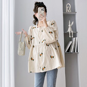 Rudens kvadratinė apykaklė Laisva nėščių moterų Top mados gėlės siuvinėtos ilgomis rankovėmis mygtukų palaidinės nėščiosioms gėlėtos palaidinės