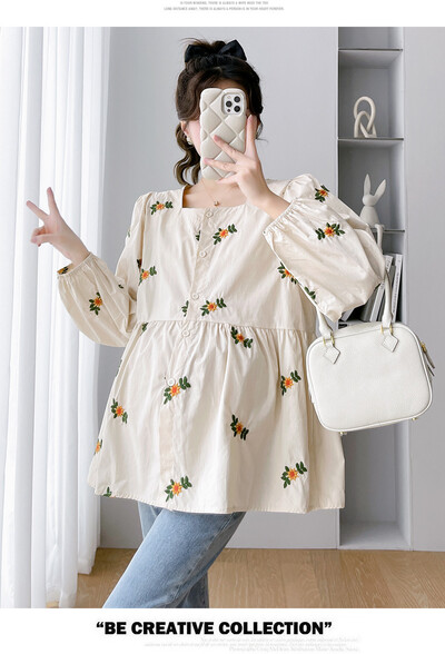 Rudens kvadratinė apykaklė Laisva nėščių moterų Top mados gėlės siuvinėtos ilgomis rankovėmis mygtukų palaidinės nėščiosioms gėlėtos palaidinės