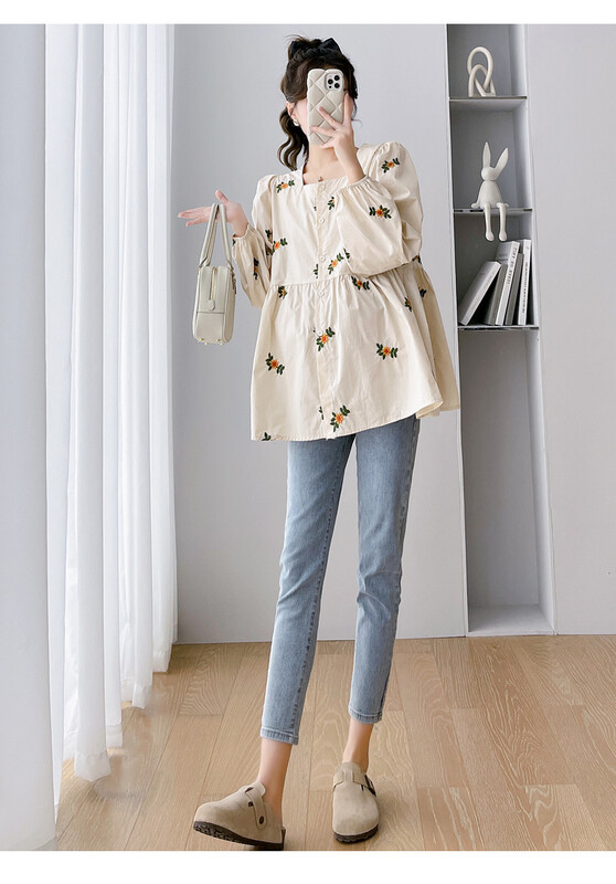 Rudens kvadratinė apykaklė Laisva nėščių moterų Top mados gėlės siuvinėtos ilgomis rankovėmis mygtukų palaidinės nėščiosioms gėlėtos palaidinės