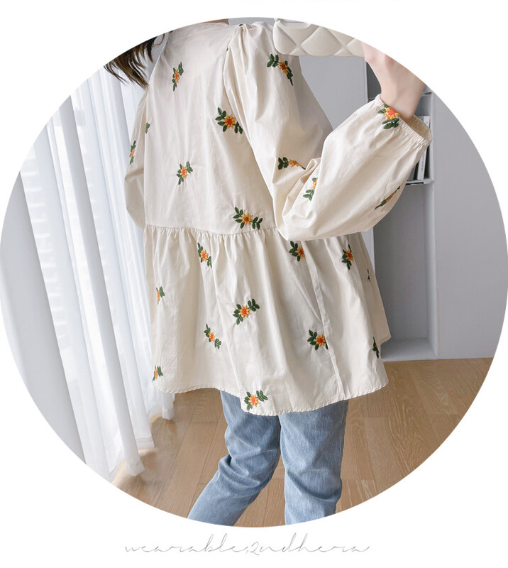 Rudens kvadratinė apykaklė Laisva nėščių moterų Top mados gėlės siuvinėtos ilgomis rankovėmis mygtukų palaidinės nėščiosioms gėlėtos palaidinės