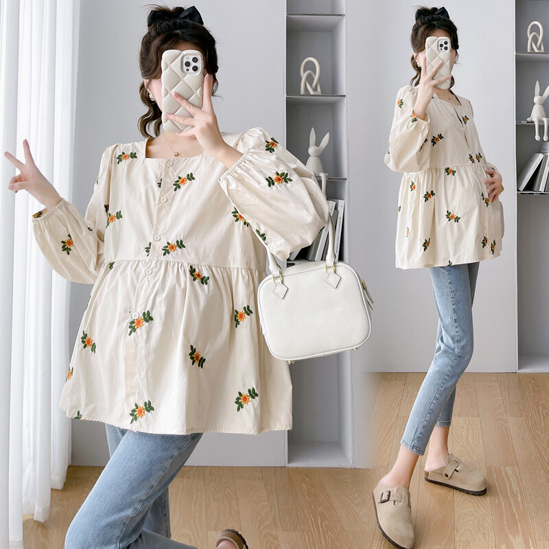 Rudens kvadratinė apykaklė Laisva nėščių moterų Top mados gėlės siuvinėtos ilgomis rankovėmis mygtukų palaidinės nėščiosioms gėlėtos palaidinės