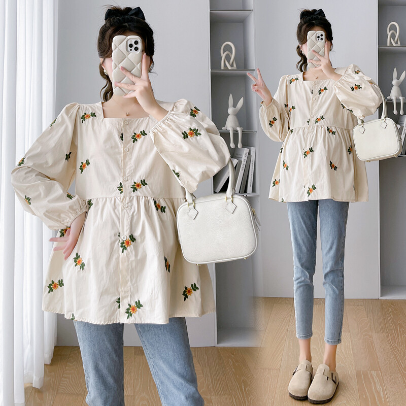 Rudens kvadratinė apykaklė Laisva nėščių moterų Top mados gėlės siuvinėtos ilgomis rankovėmis mygtukų palaidinės nėščiosioms gėlėtos palaidinės