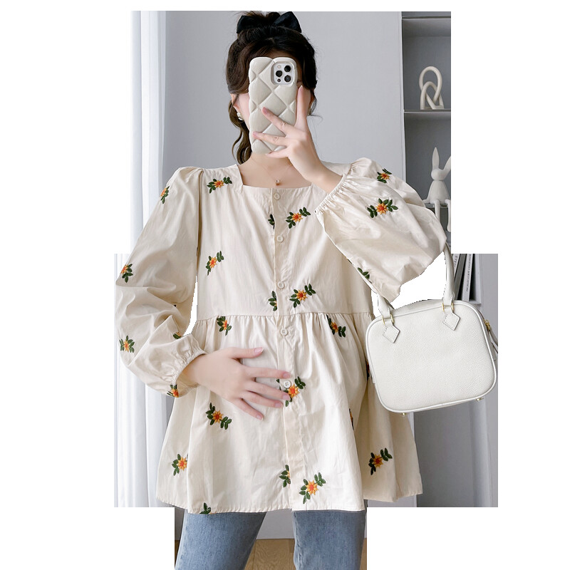 Rudens kvadratinė apykaklė Laisva nėščių moterų Top mados gėlės siuvinėtos ilgomis rankovėmis mygtukų palaidinės nėščiosioms gėlėtos palaidinės