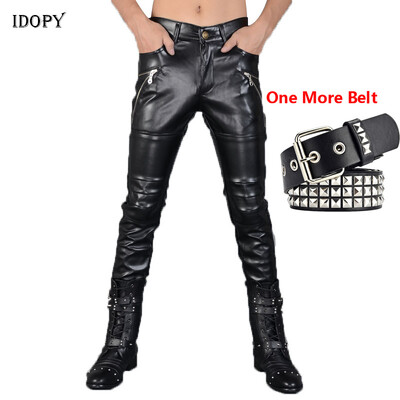Idopy férfi bőr nadrág punk stílusú vékony cipzáras parti színpadi előadás Night Club Steampunk műbőr nadrág