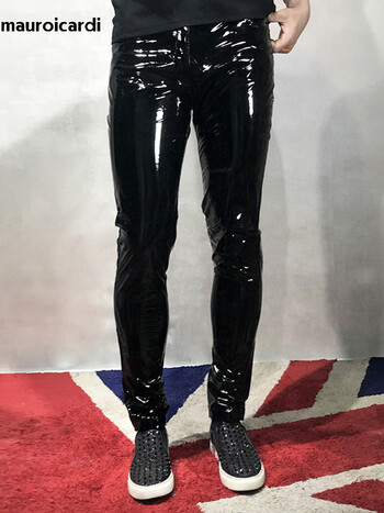 Mauroicardi Spring Skinny Sexy Shiny Reflective Stretchy Black Patent Pu Leather Pants Men Y2K Streetwear Club Party Night Wear