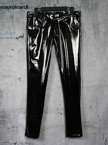 Mauroicardi Spring Skinny Sexy Shiny Reflective Stretchy Black Patent Pu Leather Pants Men Y2K Streetwear Club Party Night Wear