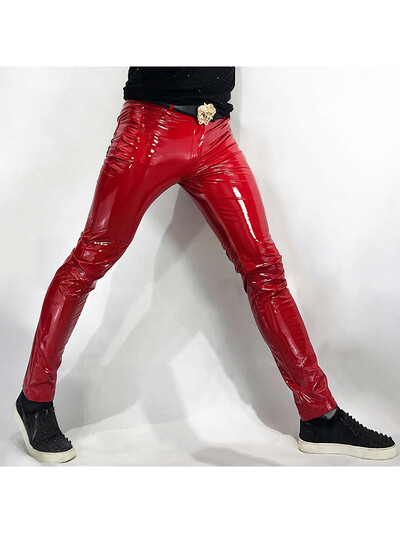 Mauroicardi Spring Skinny Sexy, spīdīgi atstarojošs, elastīgs melns lakādas bikses vīriešiem Y2K Streetwear Club ballīšu nakts apģērbs