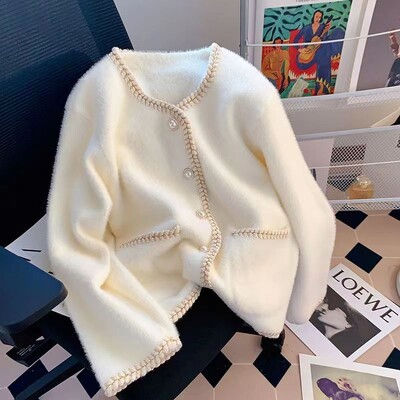 Rietumu stila mode ar nelielu aromātu balts džemperis sieviešu rudens un ziemas jaciņa ūdeles kažokādas trikotāžas jaka