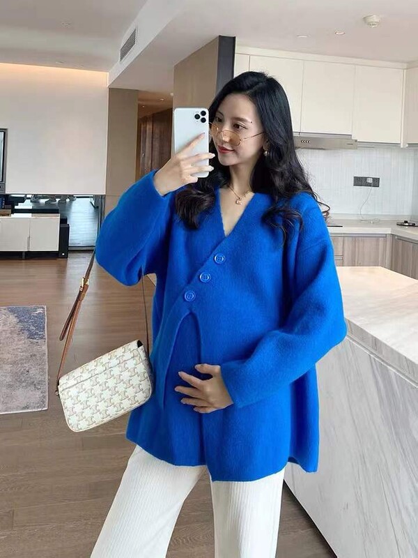 Nagy méretű, téli terhes női pulóver, egyszínű, hosszú ujjú, V-nyakú, kismama kötött pulóverek divatos kabát terhes nőknek