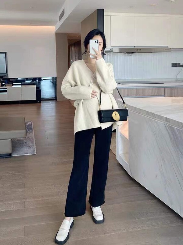 Nagy méretű, téli terhes női pulóver, egyszínű, hosszú ujjú, V-nyakú, kismama kötött pulóverek divatos kabát terhes nőknek