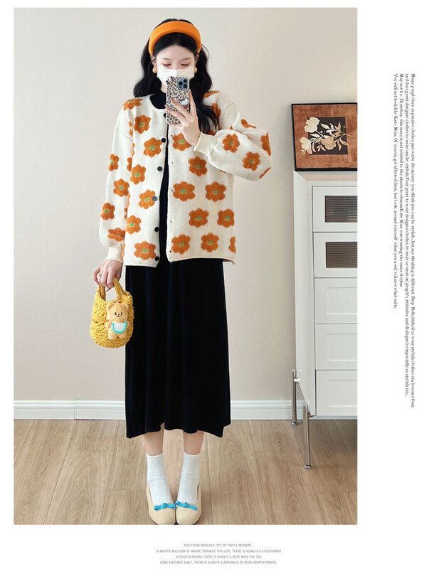 Őszi és téli terhes női pulóverek laza divat virágos dzsekik hosszú ujjú O-nyakú, egysoros kismama kötött kabát