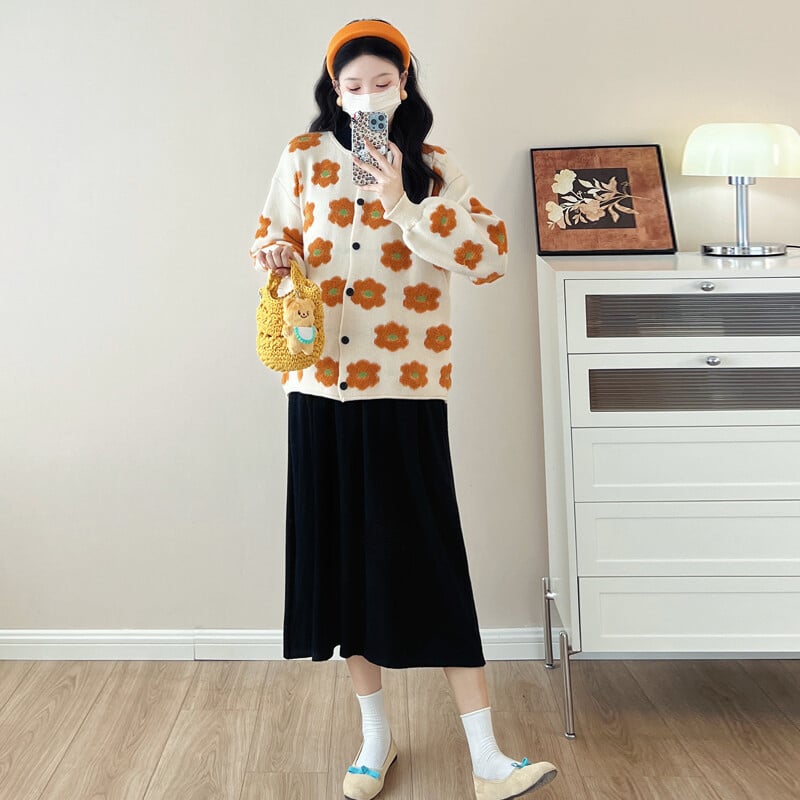 Őszi és téli terhes női pulóverek laza divat virágos dzsekik hosszú ujjú O-nyakú, egysoros kismama kötött kabát