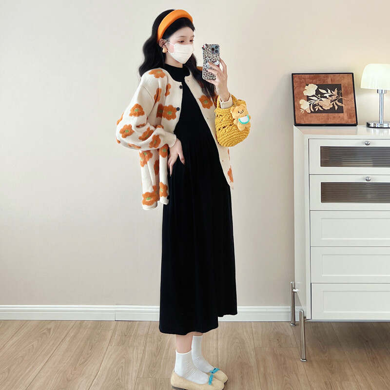 Őszi és téli terhes női pulóverek laza divat virágos dzsekik hosszú ujjú O-nyakú, egysoros kismama kötött kabát