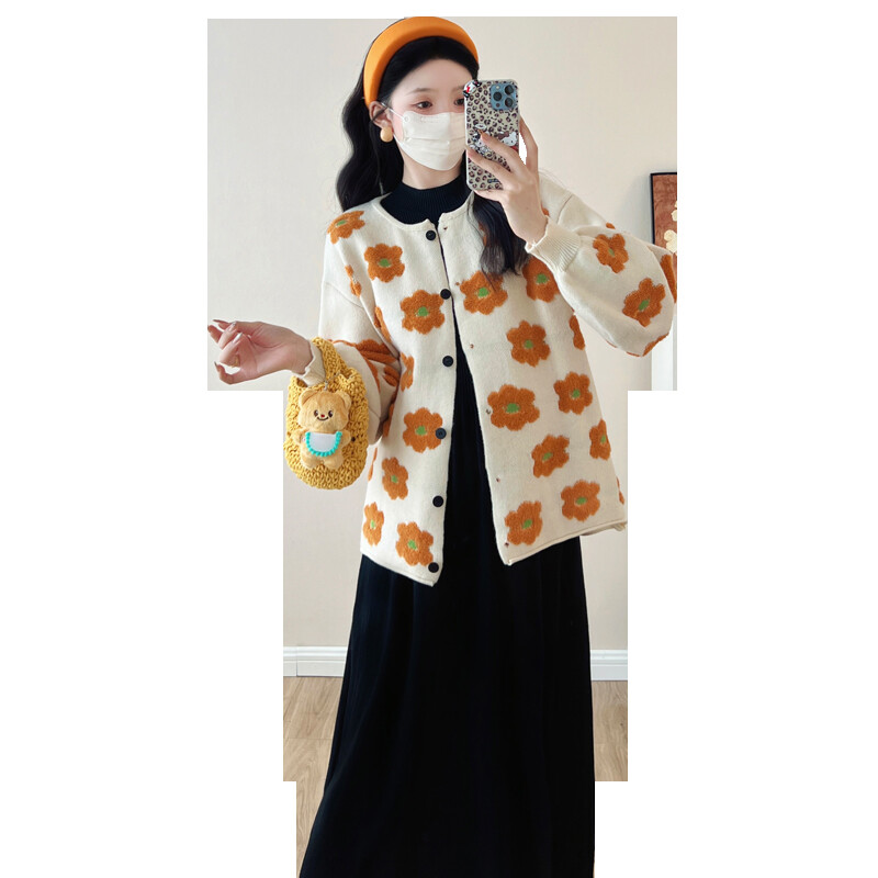 Őszi és téli terhes női pulóverek laza divat virágos dzsekik hosszú ujjú O-nyakú, egysoros kismama kötött kabát