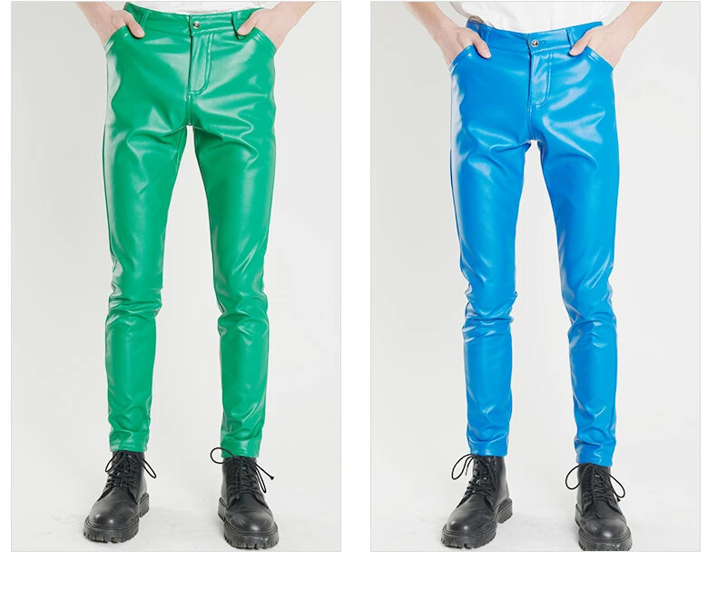 Pantaloni din piele tineri și de vârstă mijlocie pentru bărbați, elastici, subțiri, verde, albastru, bar de performanță de dans, maro, frizerie, pantaloni casual pentru bărbați