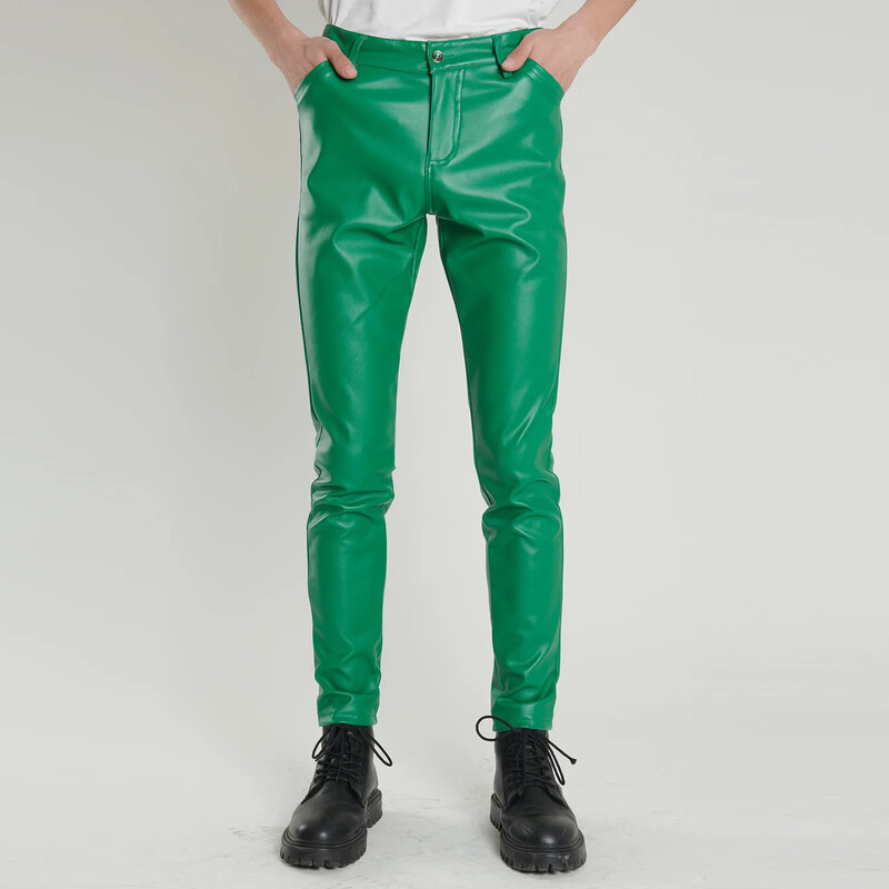 Pantaloni din piele tineri și de vârstă mijlocie pentru bărbați, elastici, subțiri, verde, albastru, bar de performanță de dans, maro, frizerie, pantaloni casual pentru bărbați