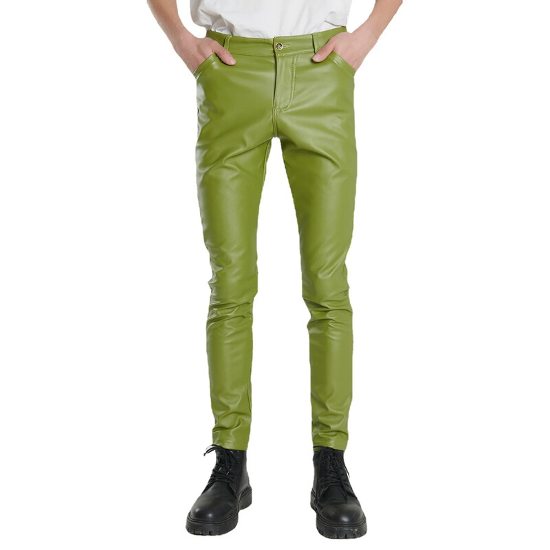 Pantaloni din piele tineri și de vârstă mijlocie pentru bărbați, elastici, subțiri, verde, albastru, bar de performanță de dans, maro, frizerie, pantaloni casual pentru bărbați