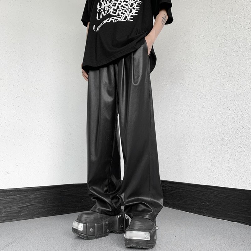 Hlače od umjetne kože s elastičnim strukom Muške hlače s uzicom od umjetne kože sa širokim nogavicama Elastični struk na bokovima za prozračnost za muškarce