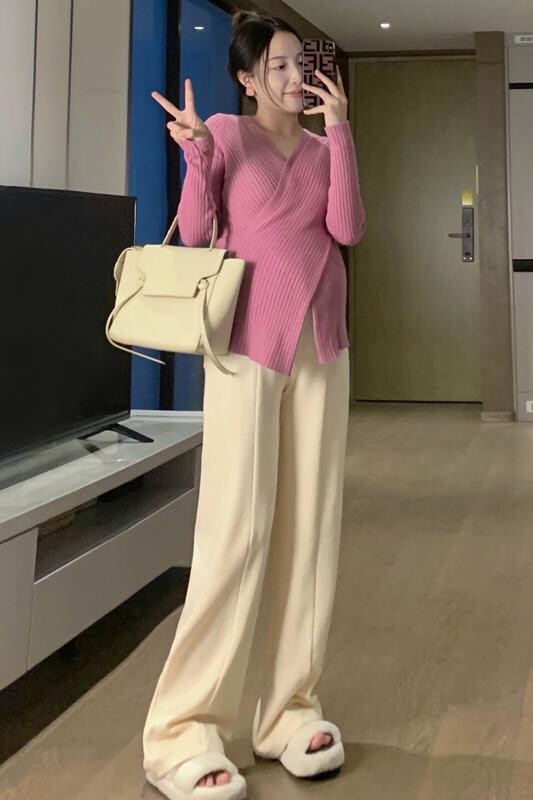 Jesenski pulover za trudnice i dojilje Jednobojni dugi rukavi s podijeljenim V-izrezom Nepravilan pulover za trudnice i dojilje Gornje majice