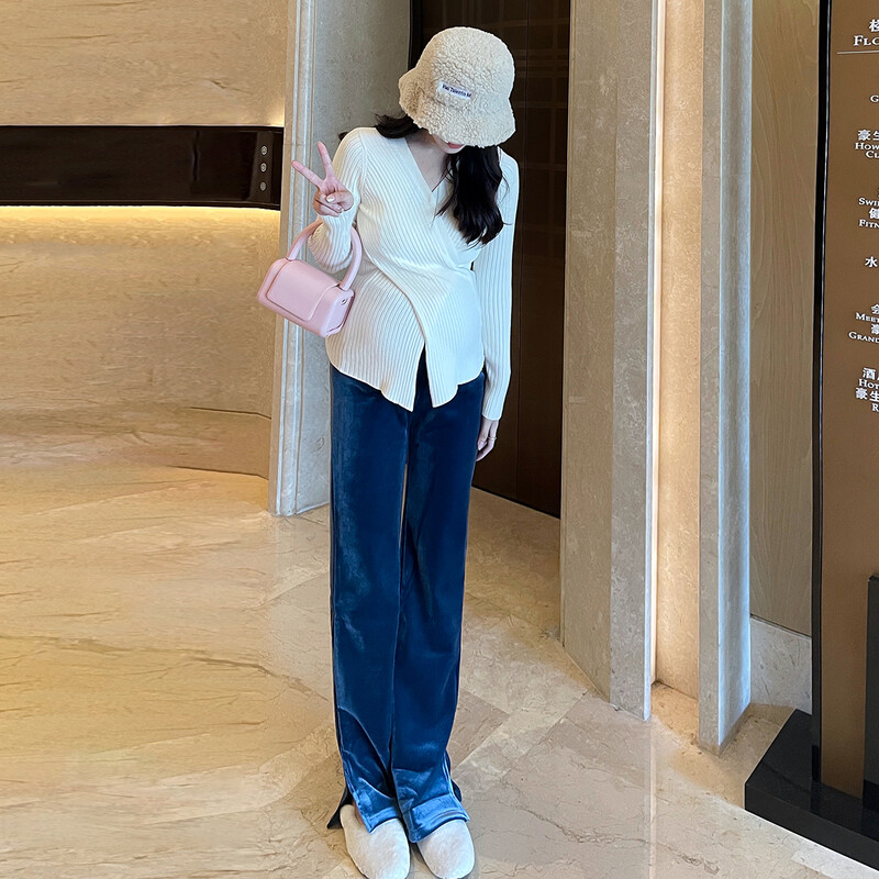 Jesenski pulover za trudnice i dojilje Jednobojni dugi rukavi s podijeljenim V-izrezom Nepravilan pulover za trudnice i dojilje Gornje majice