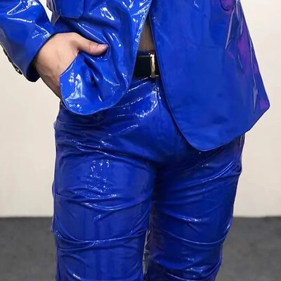 Vīriešu spīdīgas ādas kroku, plānas zīmuļu bikses vīriešu ikdienas piegriezuma elastīgs stils modes PU bikses ielas apģērbs klubs roks stils pielāgots