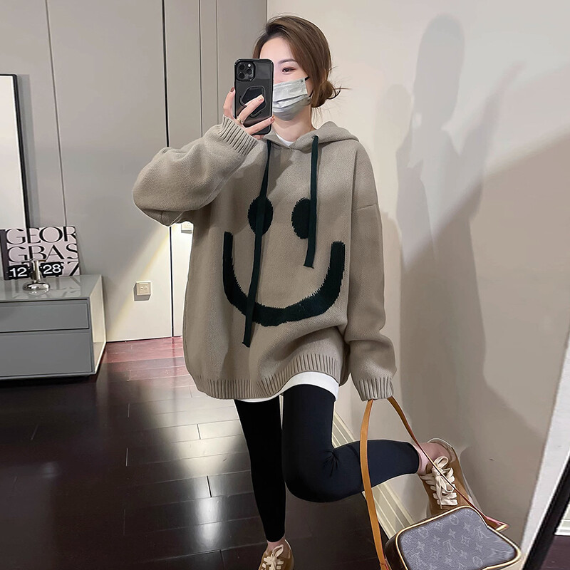 8086# Jesen Zima Osmijeh Pletene veste za trudnice Prevelike široke majice s kapuljačom Odjeća za trudnice Majice za trudnice