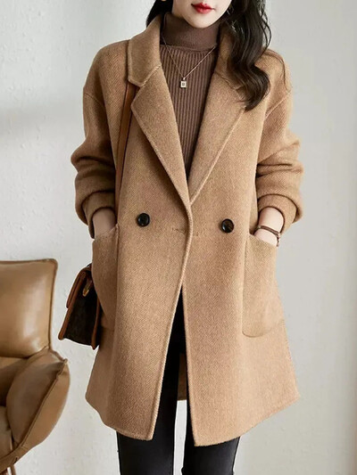 Elegantsed revääriga lahtised villased jakid Naiste vabaaja pikkade varrukatega villasegu mantlid Blusad Korea mood soliidsed keskmise pikkusega abrigod