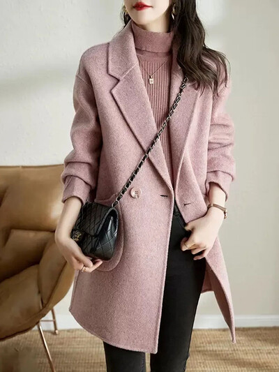 Elegantsed revääriga lahtised villased jakid Naiste vabaaja pikkade varrukatega villasegu mantlid Blusad Korea mood soliidsed keskmise pikkusega abrigod