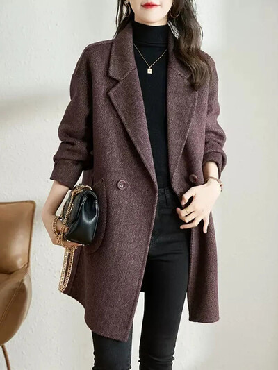 Elegantsed revääriga lahtised villased jakid Naiste vabaaja pikkade varrukatega villasegu mantlid Blusad Korea mood soliidsed keskmise pikkusega abrigod