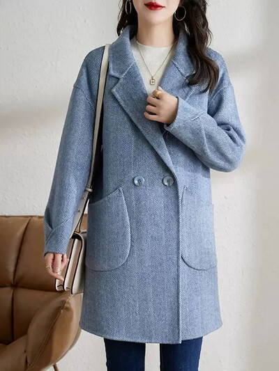 Elegantsed revääriga lahtised villased jakid Naiste vabaaja pikkade varrukatega villasegu mantlid Blusad Korea mood soliidsed keskmise pikkusega abrigod