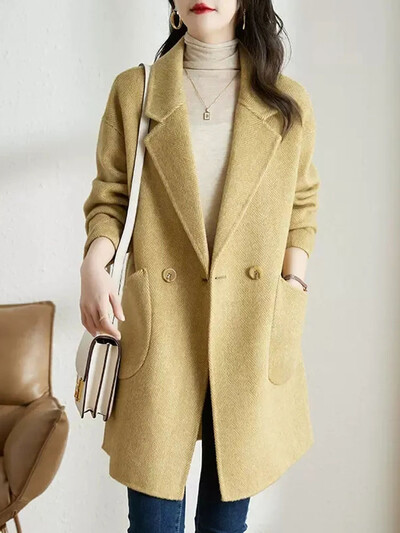 Elegantsed revääriga lahtised villased jakid Naiste vabaaja pikkade varrukatega villasegu mantlid Blusad Korea mood soliidsed keskmise pikkusega abrigod