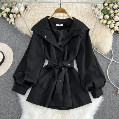 Trenci pentru femei cu glugă Design decupat Sensibility Jachetă ocazională în talie pentru femei mici Sezonul toamnă/iarna